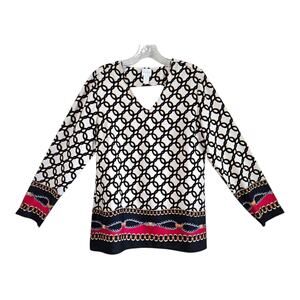 CHICO'S 0 Women's 4 Blouse V-Neck Black Red Gold Chain Pattern 3/4 Sleeve 36"